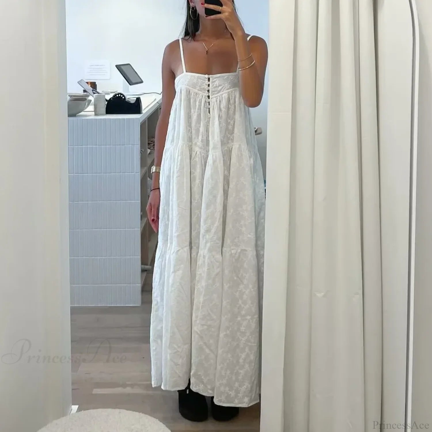 Boho Beach White Cotton Lace A-line Dress bohodress-250126