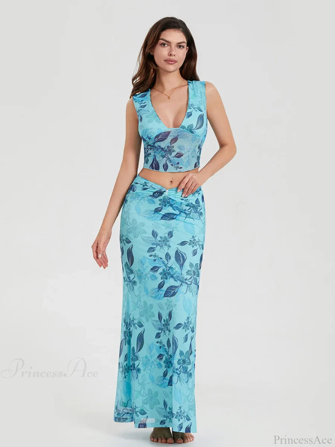 Boho Blue Floral Back Bandage Crop Tank Wrap Long Floral Dress floraldress-250126