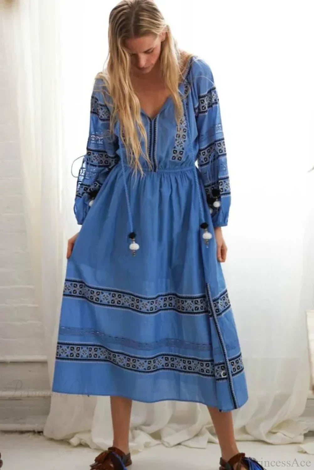 Boho Blue/White Cotton Rayon Maxi Dress Blue / S bohodress-250126