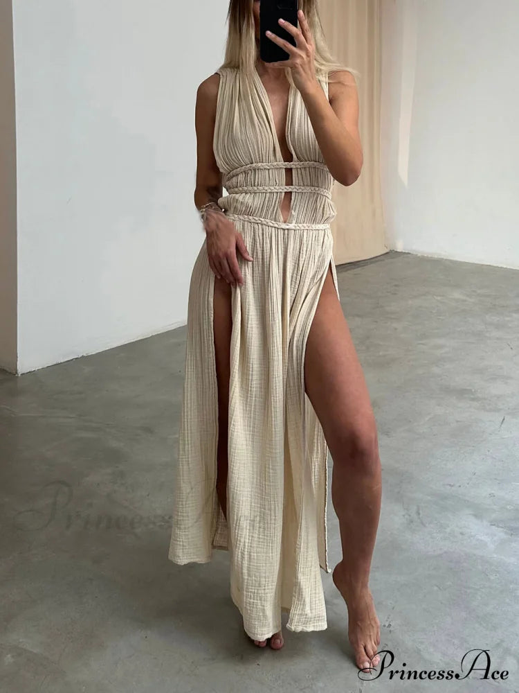 Boho Braids Belt Cutout Graceful Slit Kaftan Maxi Dress Beige / S Dresses