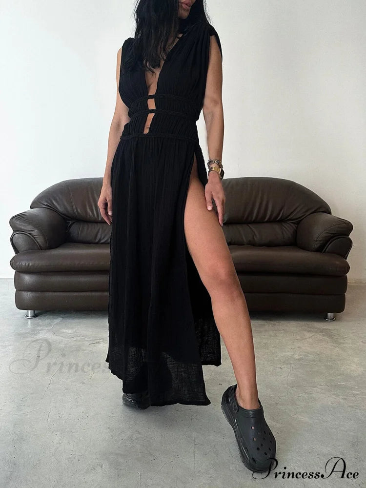 Boho Braids Belt Cutout Graceful Slit Kaftan Maxi Dress Black / S Dresses