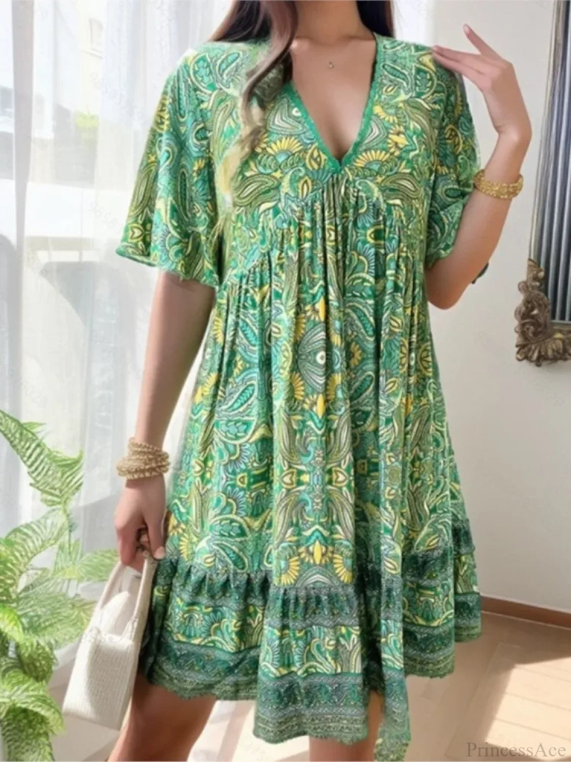 Boho Floral Mini V-neck Short Sleeve Beach Floral Dress oldfloraldress-250126