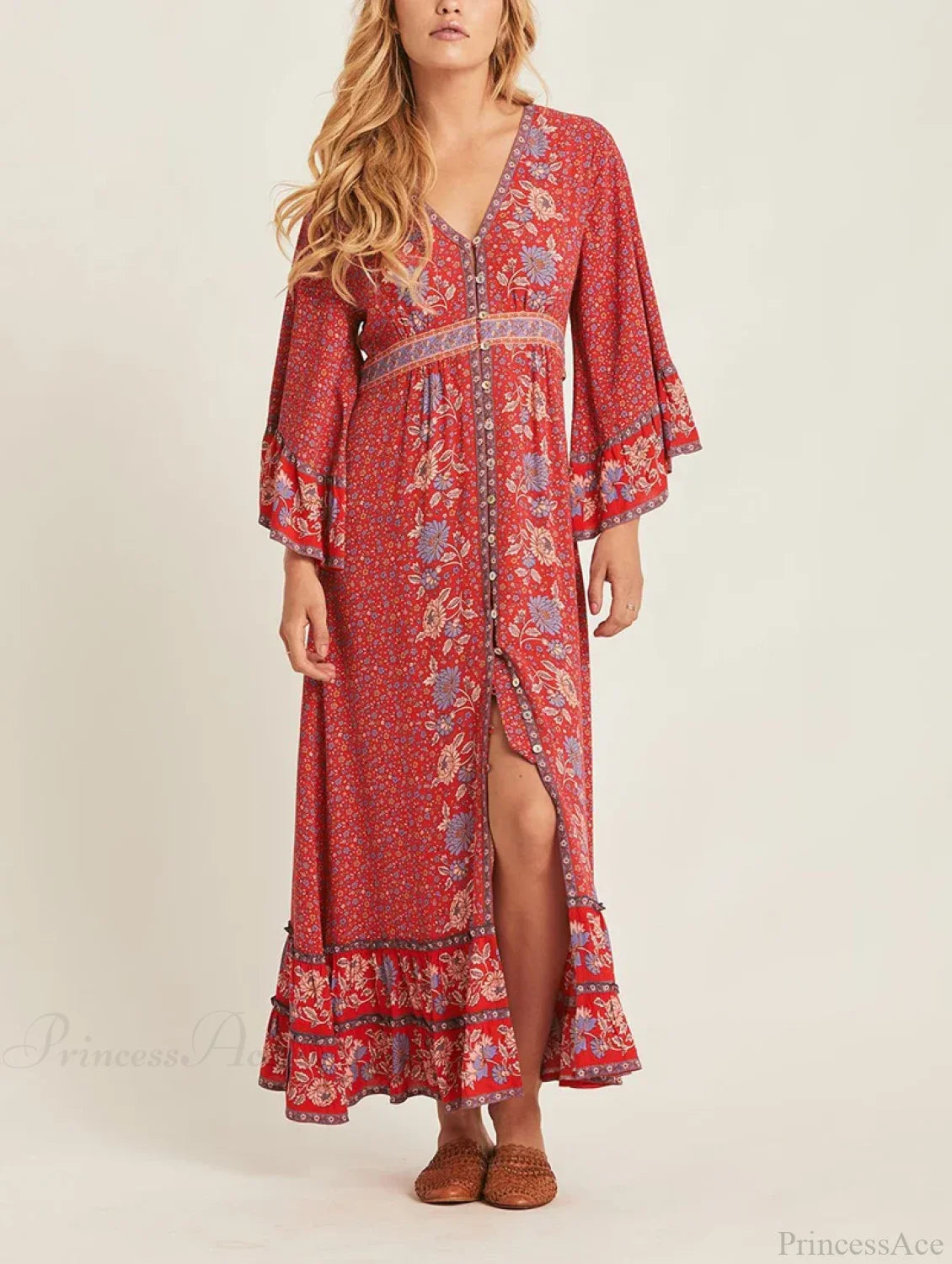 Boho Floral Print Maxi Dress Red / S bohodress-250126