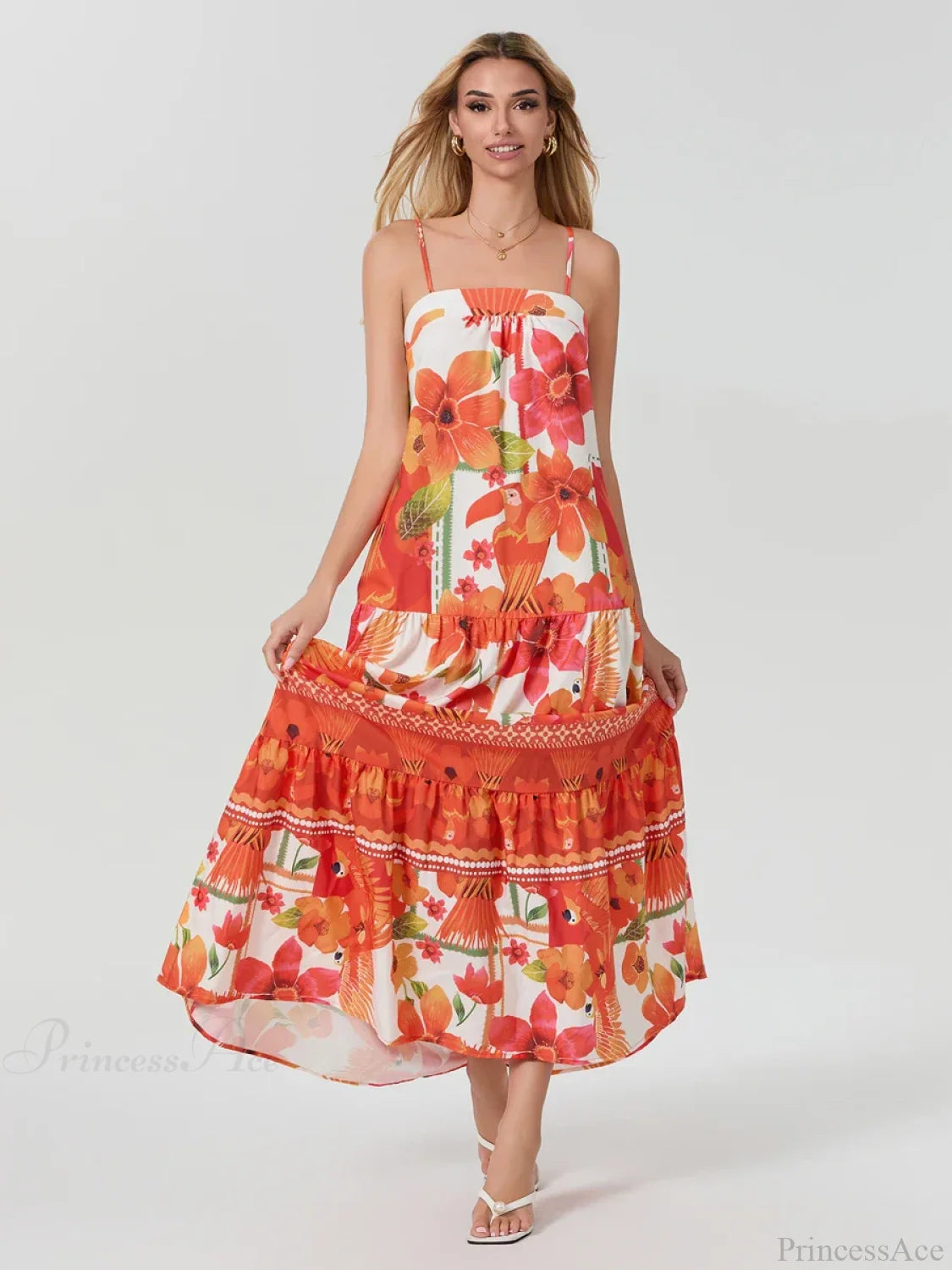 Boho Flowy Leaves Floral Ruched A-Line Floral Dress floraldress-250126