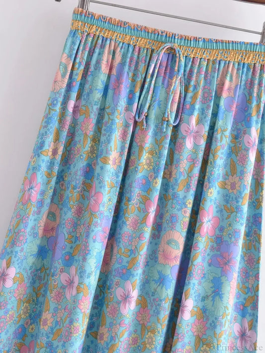 Boho High Waist Viscose Maxi Skirt A-line Ruffled Floral Print skirt-250126