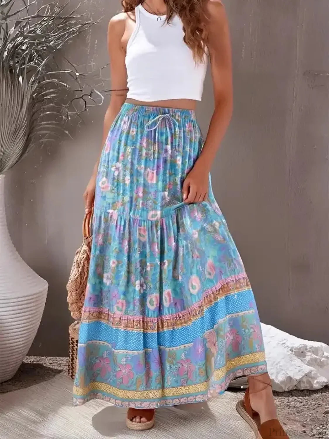 Boho High Waist Viscose Maxi Skirt A-line Ruffled Floral Print Blue / S skirt-250126