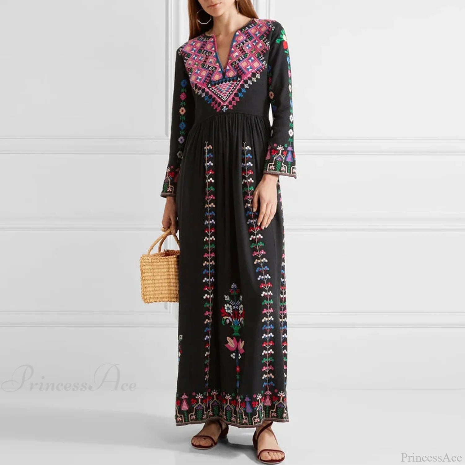 Boho Long Dress Ethnic Floral Embroidery Rayon V-neck Chic Dress bohodress-250126
