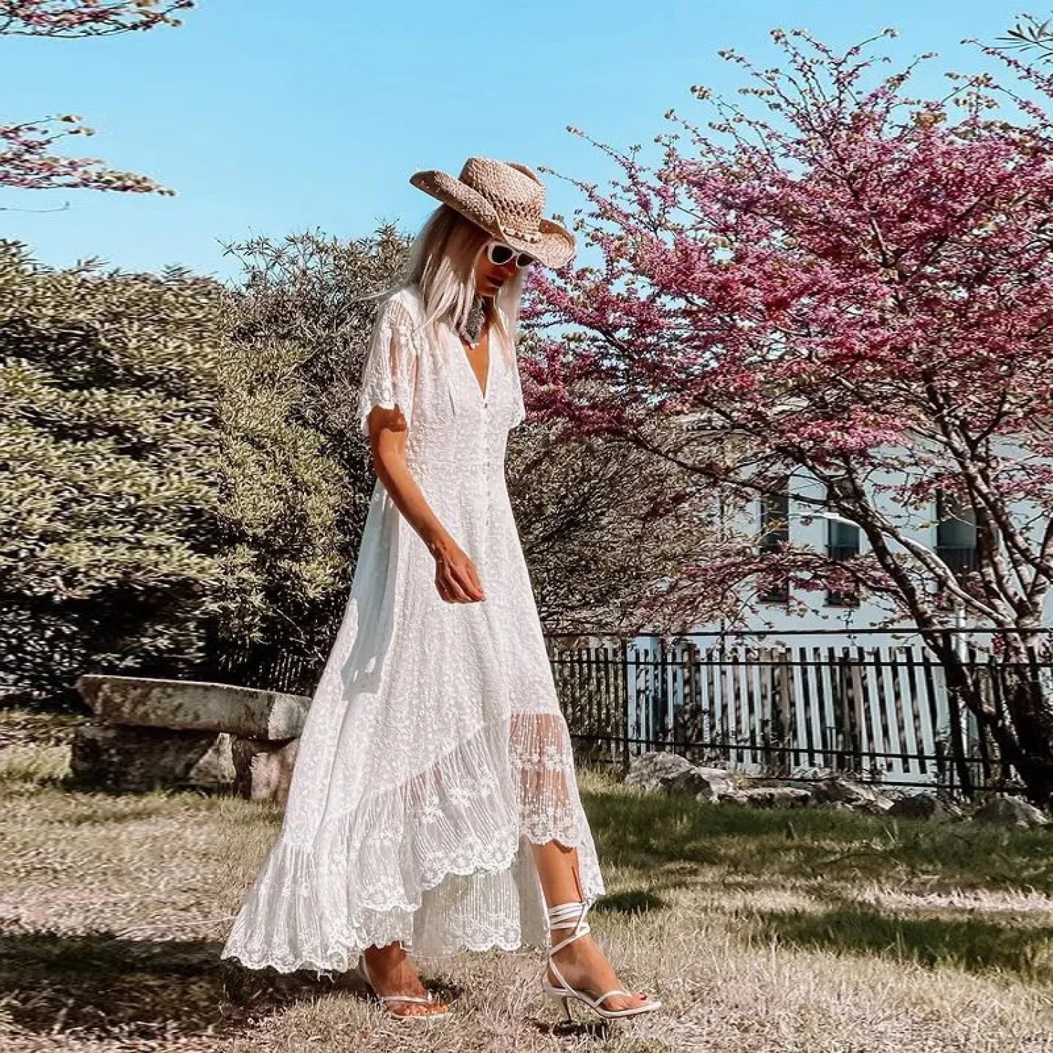 Boho Loose Summer Dress Vintage Deep V Floral Print bohodress-250126