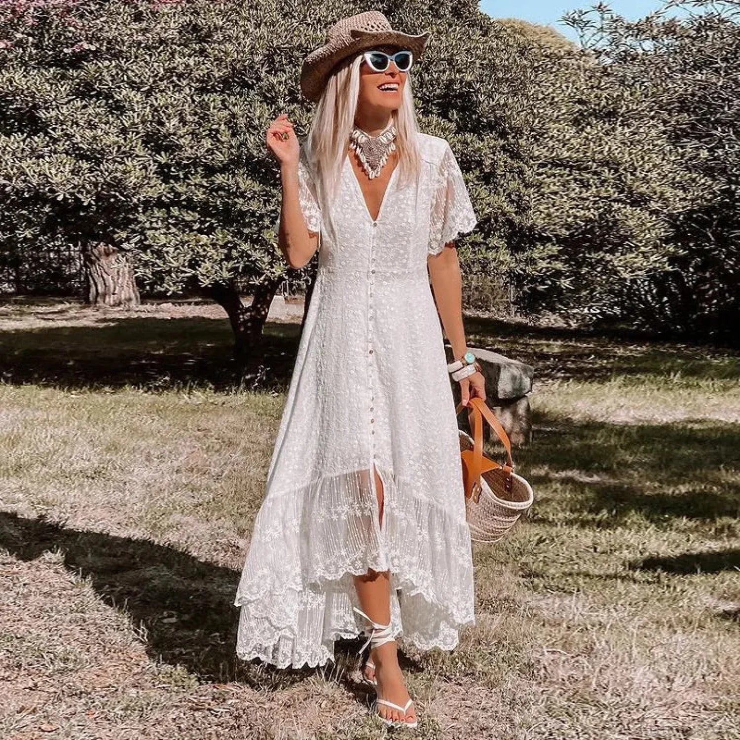 Boho Loose Summer Dress Vintage Deep V Floral Print bohodress-250126