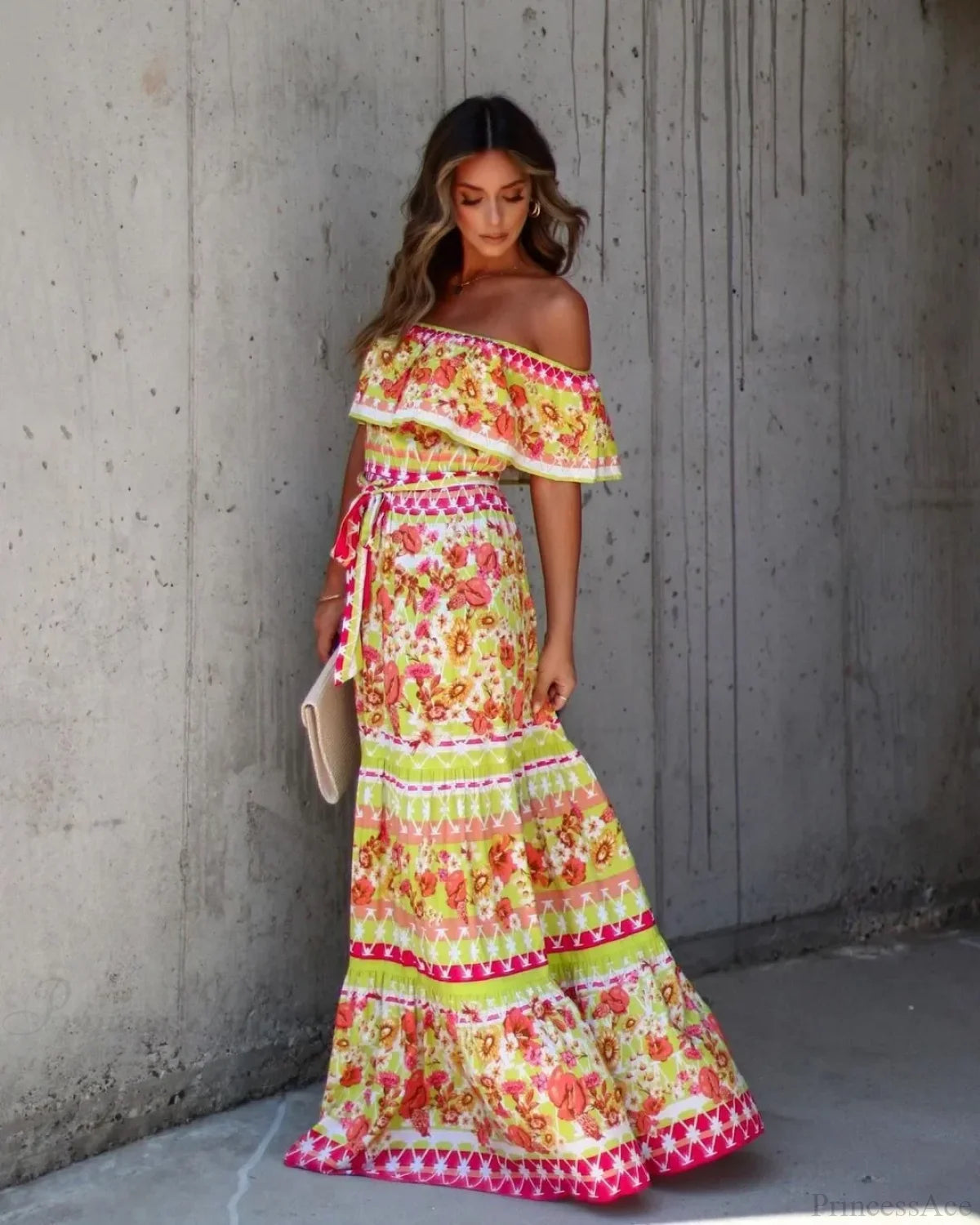 Boho Off-Shoulder Ruffle Floral Print Maxi Floral Dress Reddish yellow / S floraldress-250126