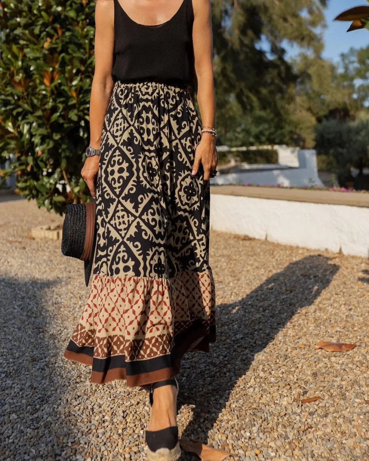 Boho Print High Waist Maxi Skirt Casual Loose Summer Skirt Black / S skirt-250126