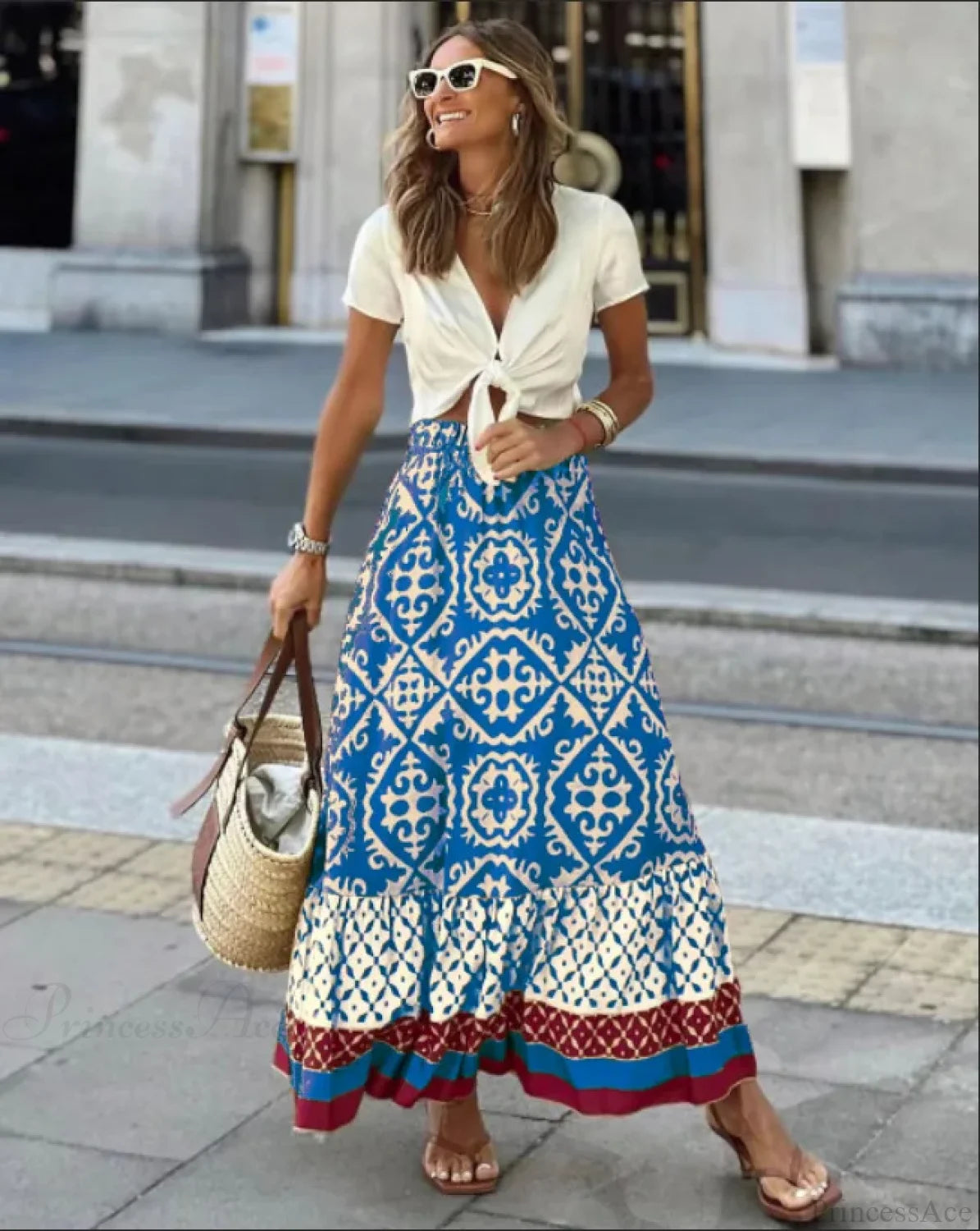 Boho Print High Waist Maxi Skirt Casual Loose Summer Skirt SKY BLUE / S skirt-250126