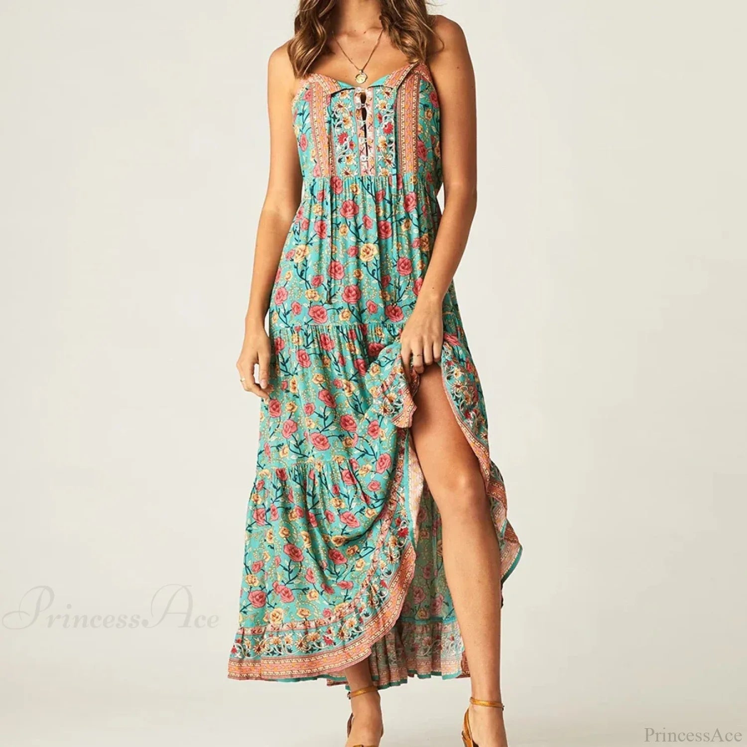 Boho Strap Dresses Gypsy Sleeveless Rayon Floral Print Maxi Dress bohodress-250126