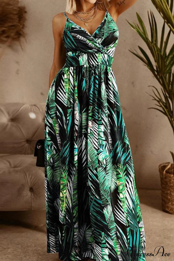 Boho Style Sleeveless Trendy Print Maxi Dress Green / S