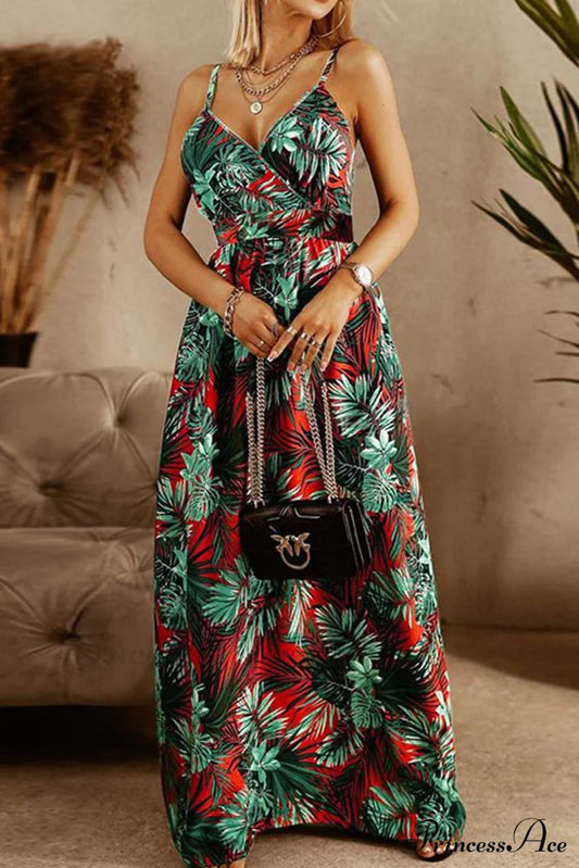 Boho Style Sleeveless Trendy Print Maxi Dress Red / S