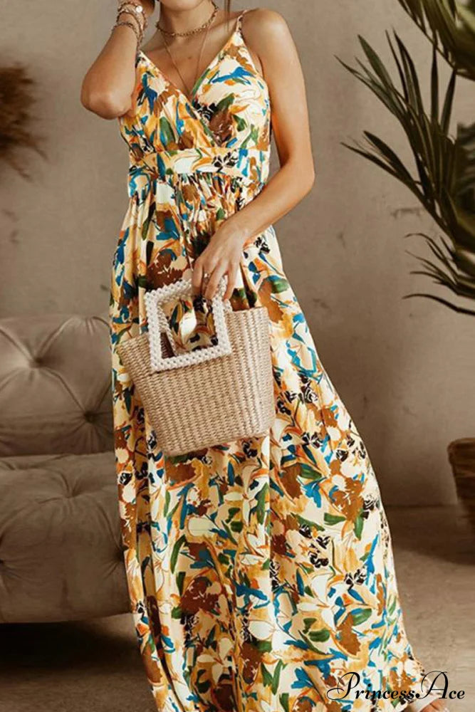 Boho Style Sleeveless Trendy Print Maxi Dress Yellow / S