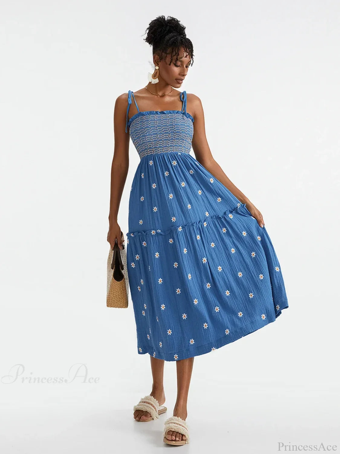 Boho Summer Flower Embroidery Tie-Up Shoulder Shirred A-Line Beach Dress BLUE1 / S floraldress-250126