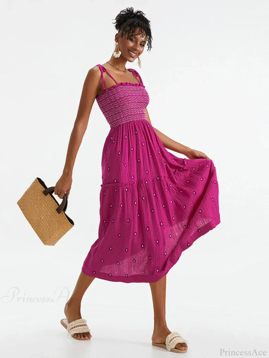 Boho Summer Flower Embroidery Tie-Up Shoulder Shirred A-Line Beach Dress PINK1 / S floraldress-250126
