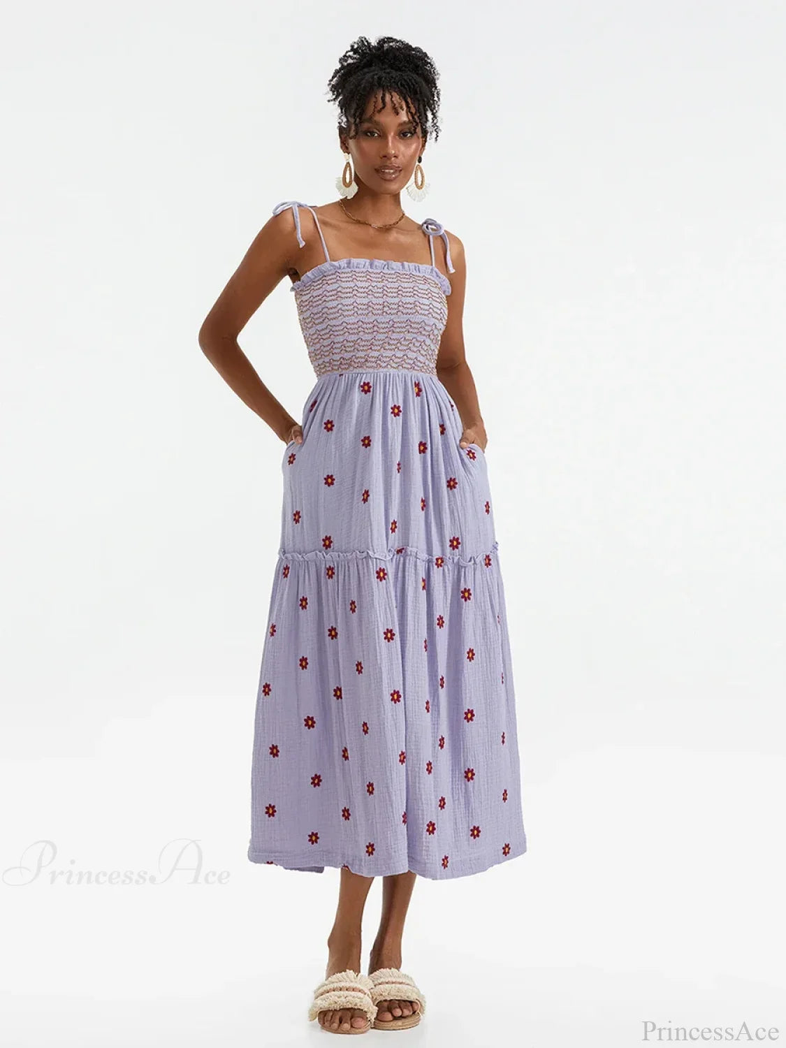 Boho Summer Flower Embroidery Tie-Up Shoulder Shirred A-Line Beach Dress PURPLE / S floraldress-250126