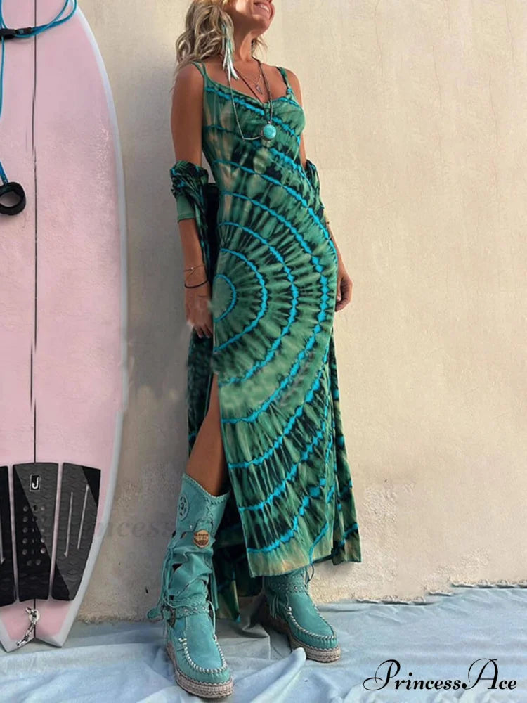 Boho Tie-Dye Print Charming Slit Midi Dress Dresses