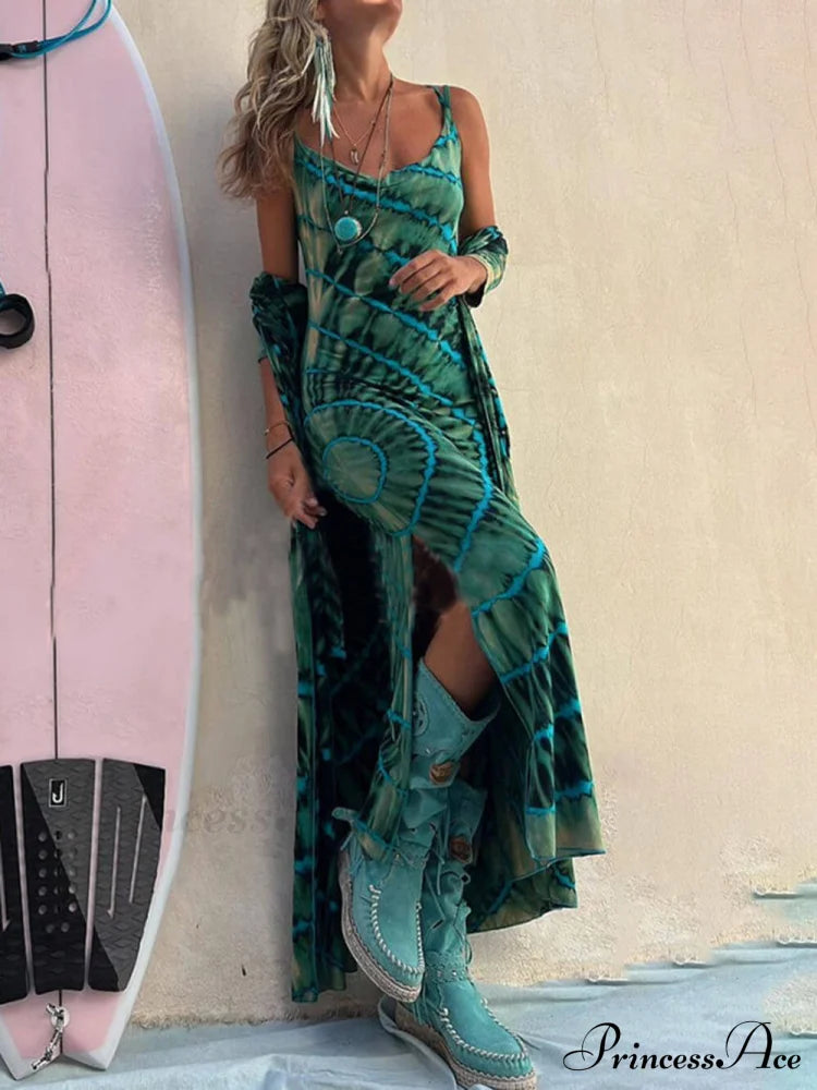 Boho Tie-Dye Print Charming Slit Midi Dress Dresses