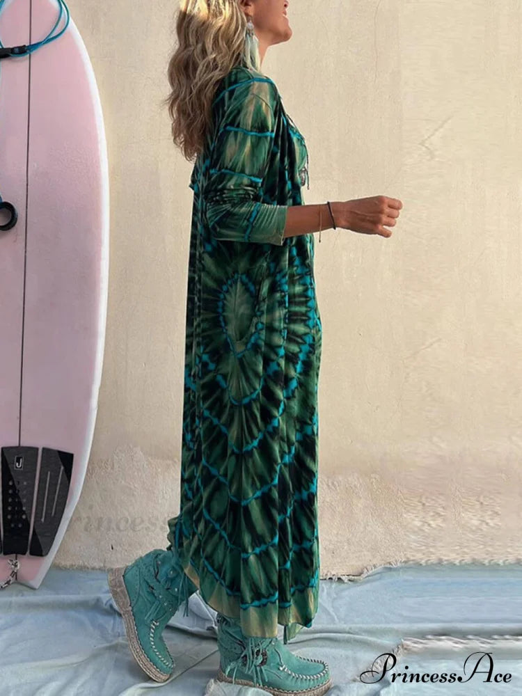 Boho Tie-Dye Print Charming Slit Midi Dress Dresses