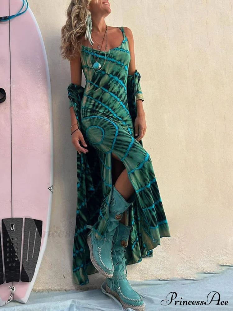 Boho Tie-Dye Print Charming Slit Midi Dress Green / S Dresses