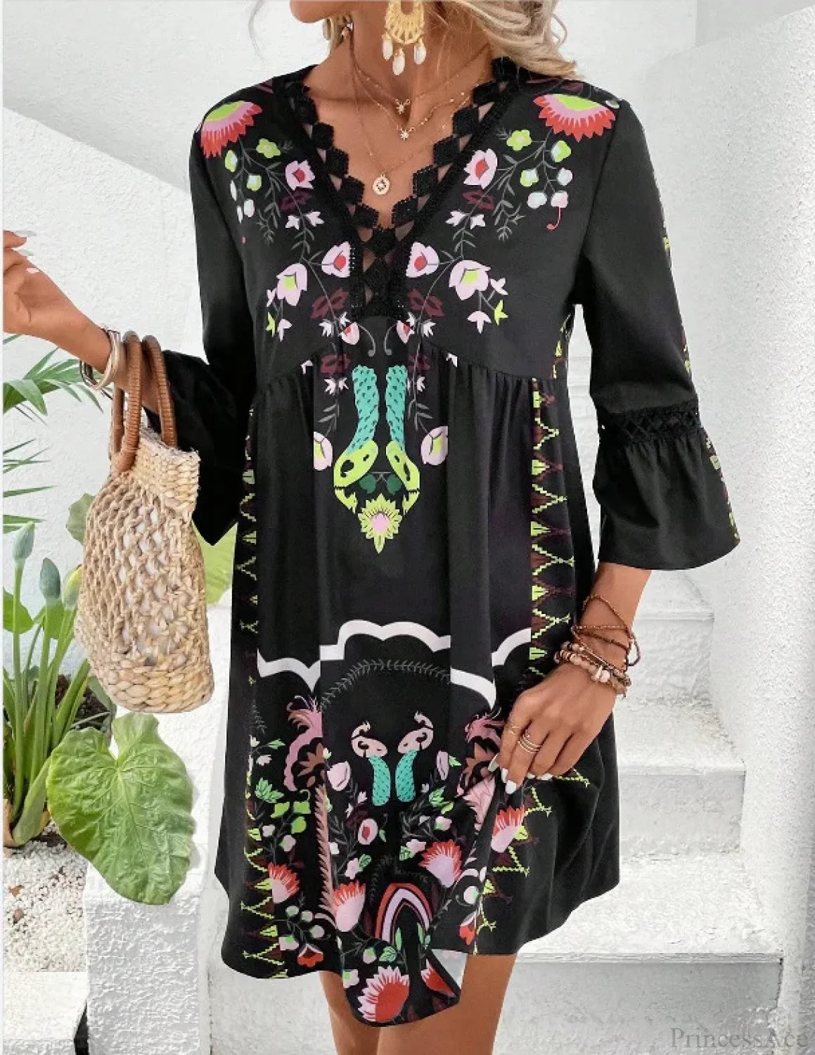 Boho V-neck Floral Party Dress Black / S oldfloraldress-250126