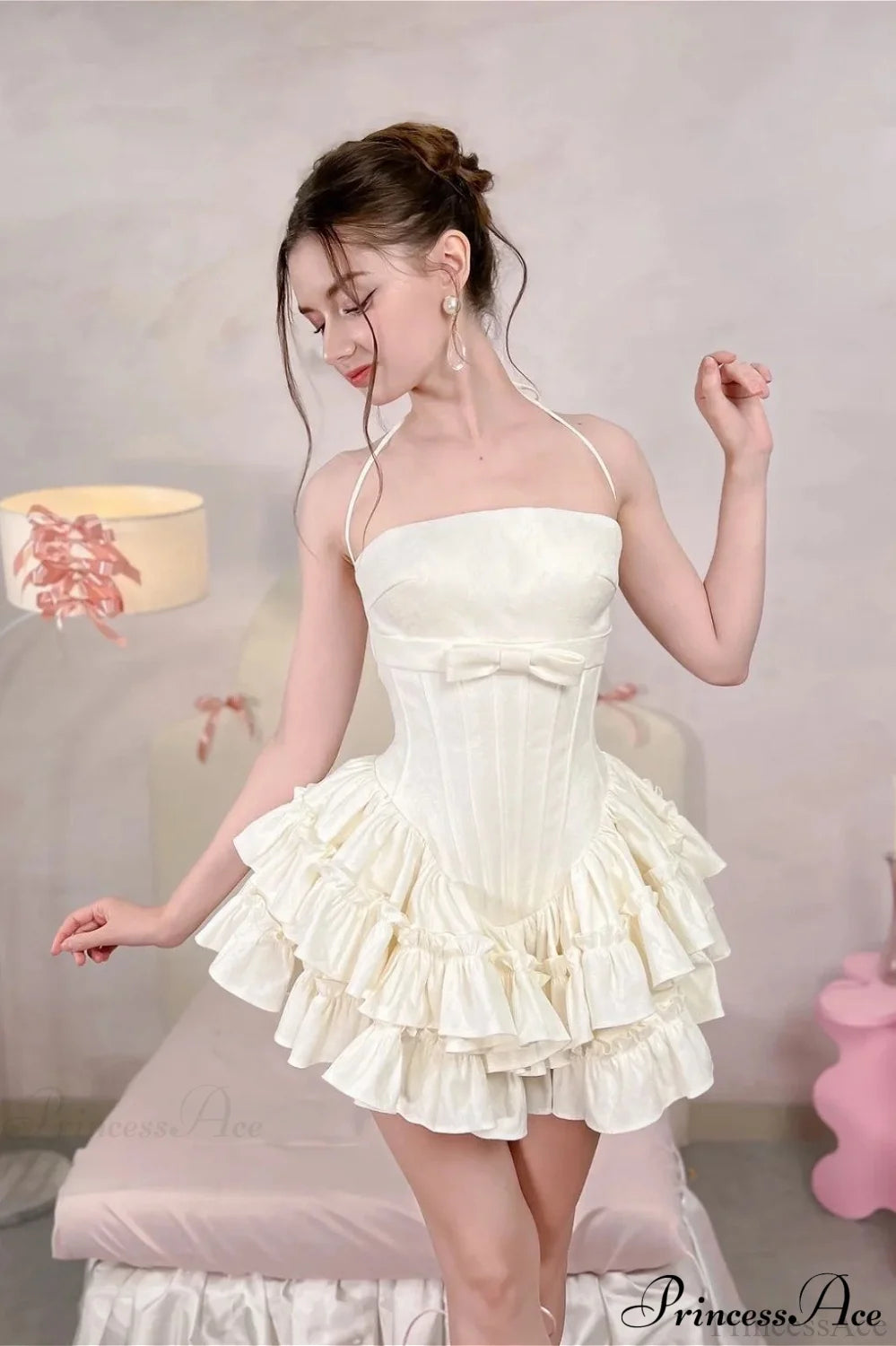 Boned Bow Lace-Up Mini Tulle Party Dress