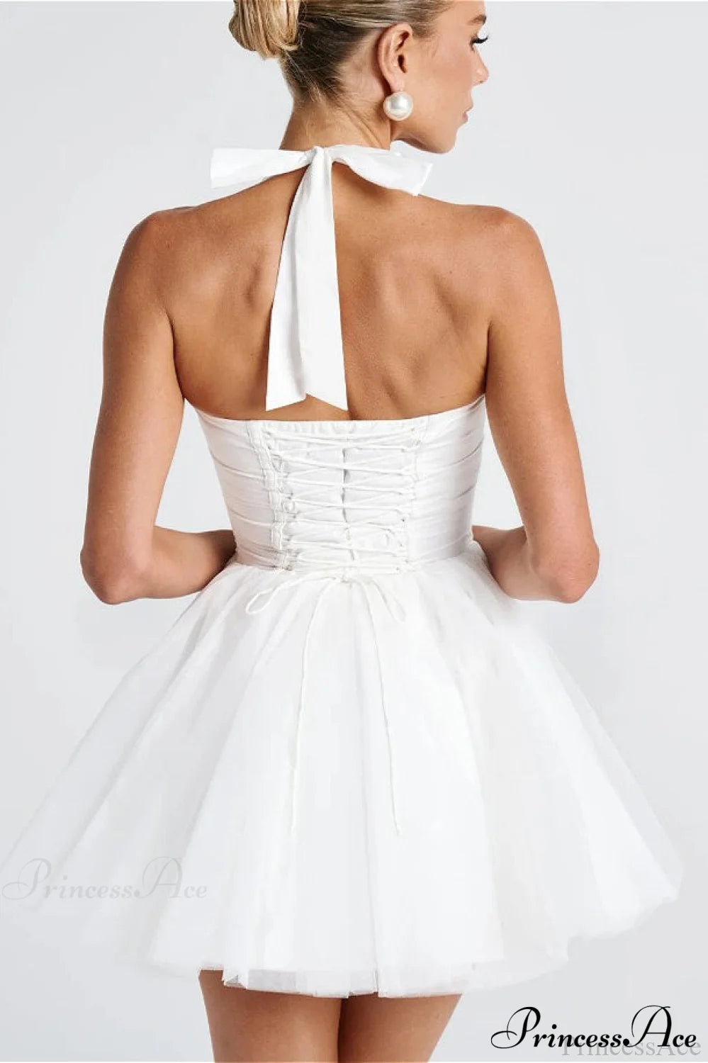 Boned Halter Tie-Back Lace Trim Party Dress