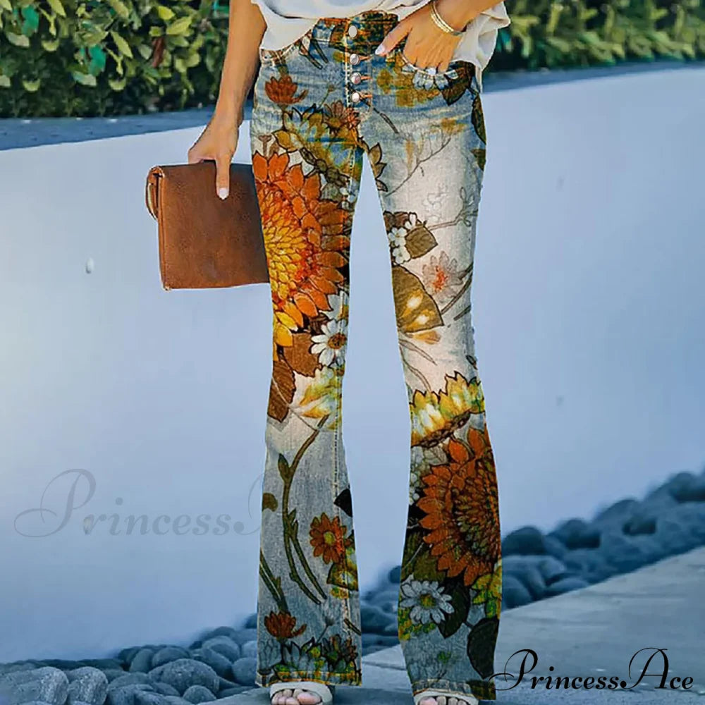 Bootcut Flared Wide Leg Floral Print Jeans