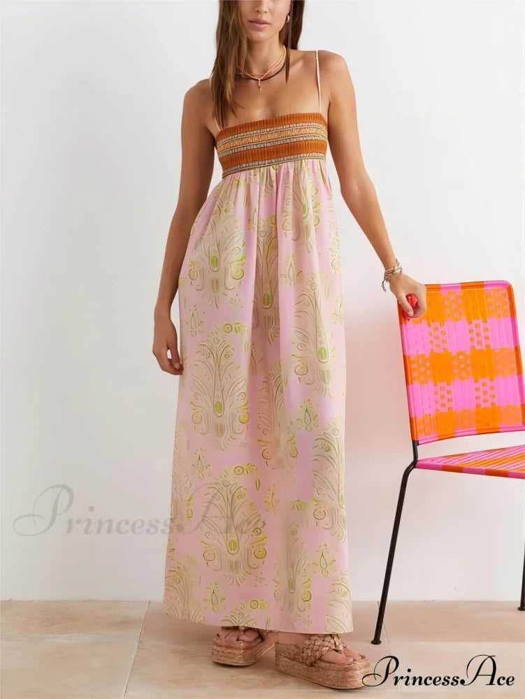 Bosnian Folk Floral Charming Thin Strap Midi Dress Pink / S Dresses