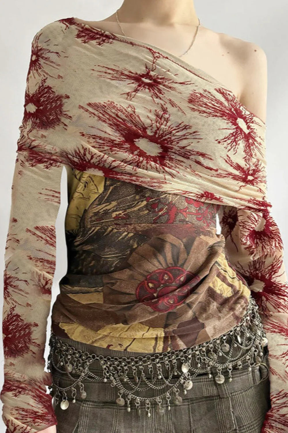 Botanical Print Retro Mesh Panel Boat Neck Long Sleeve Tee