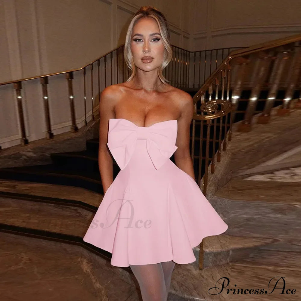 Bow Backless Strapless Party Dress Pink / Xs Partydress-241208