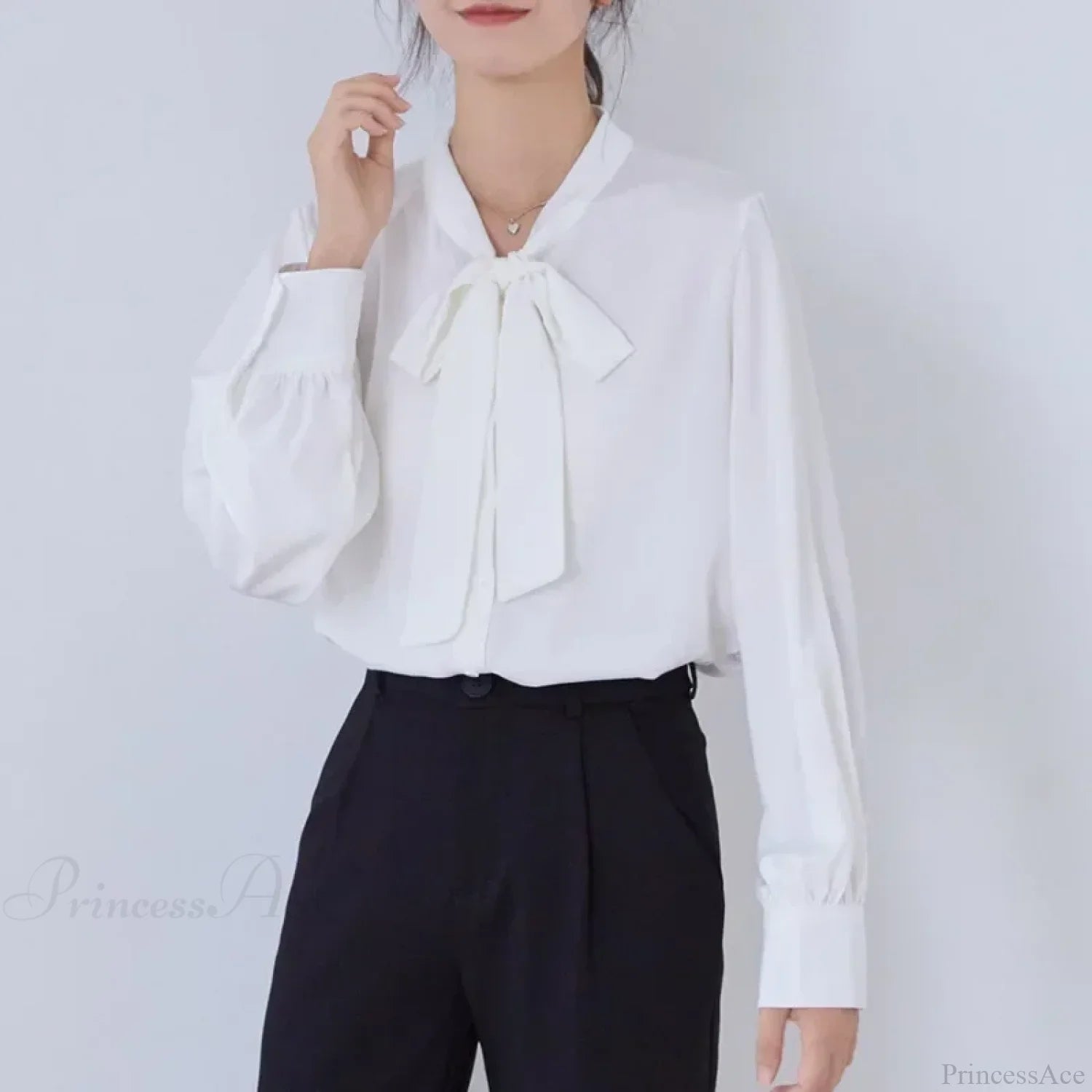 Bow Champagne Satin Long Sleeve Office Lady Blouse blouse-250126