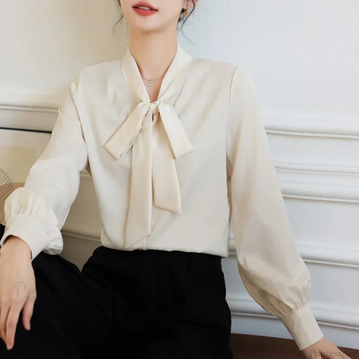 Bow Champagne Satin Long Sleeve Office Lady Blouse Champagne / S blouse-250126
