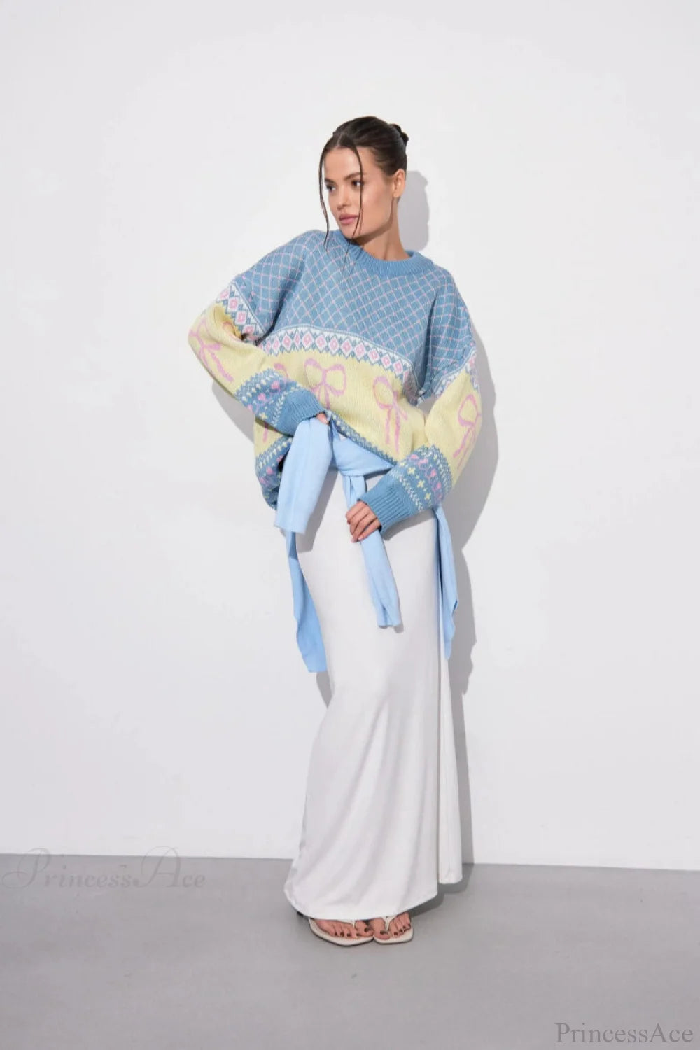 Bow Color Block Crew Neck Outer Wear Warm Lazy Knit Sweater