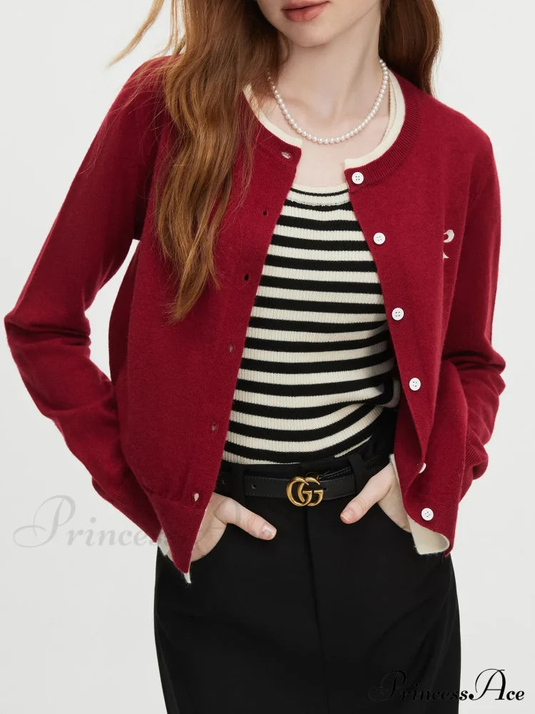 Bow Contrast Color Stitching Cardigan Red / Xs Cardigan-241208