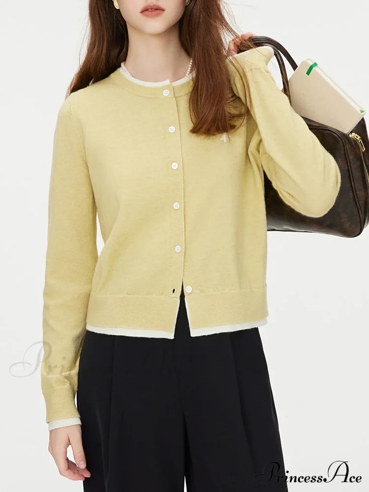 Bow Contrast Color Stitching Cardigan Yellow / Xs Cardigan-241208