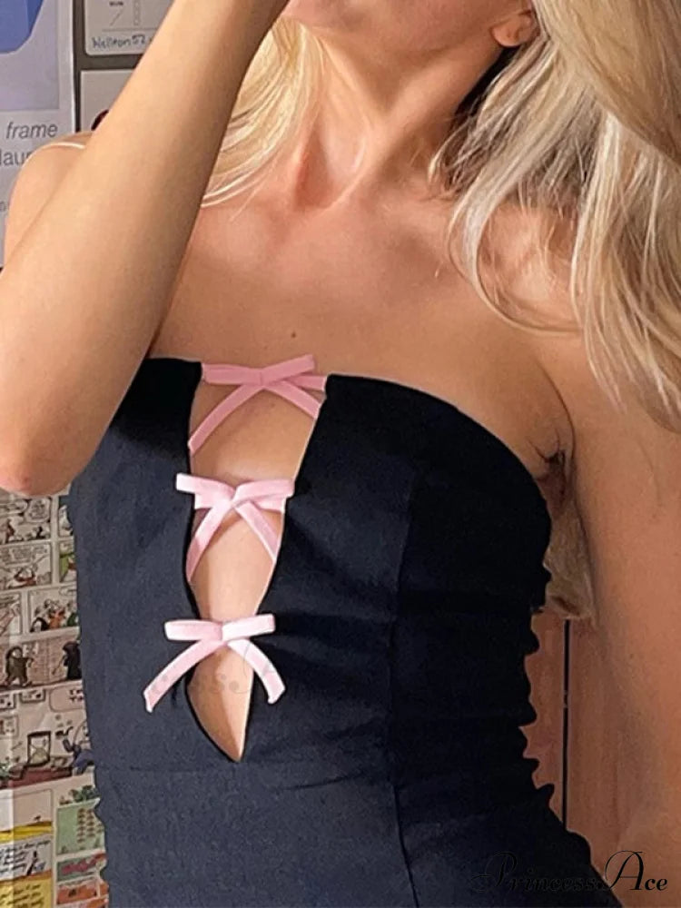 Bow Embellish Graceful Black Halter Romper Mini Dresses