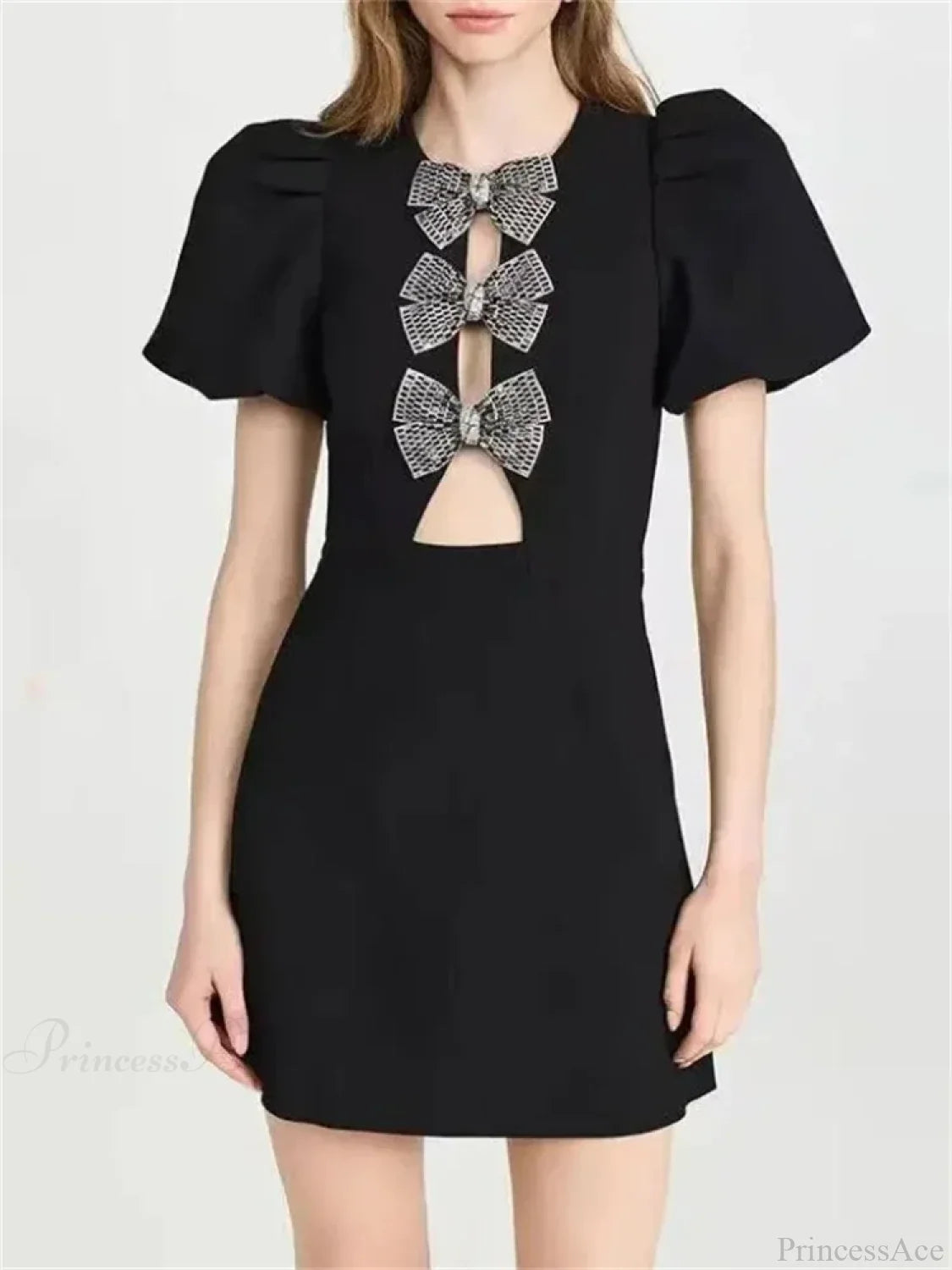 Bow Hollow-Out Patchwork Mini Dress Black Bow / S minidress-250223