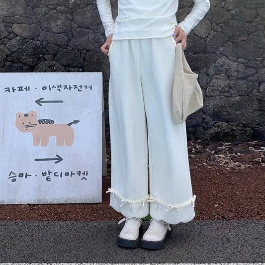 Bow Lace Corduroy Wide Leg Pants White / S