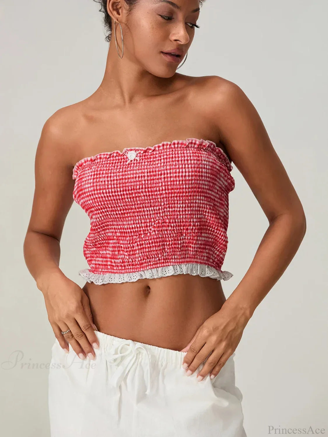 Bow Lace Smocked Strapless Backless Crop Bandeau Top croptop-250126