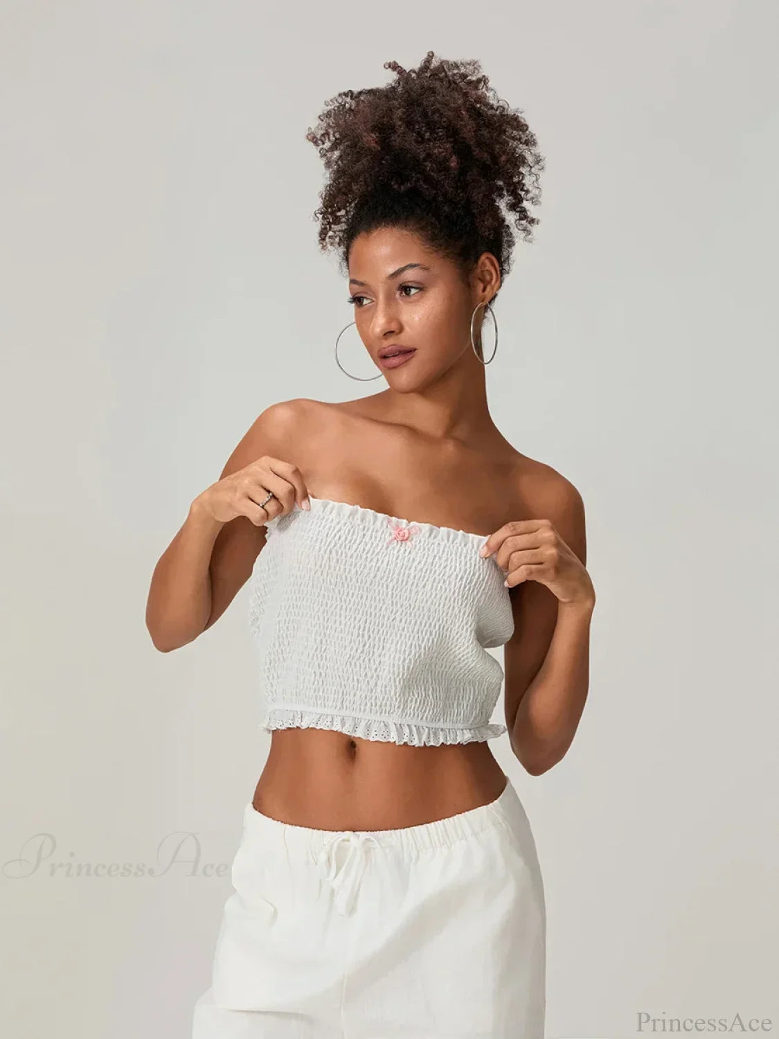 Bow Lace Smocked Strapless Backless Crop Bandeau Top croptop-250126