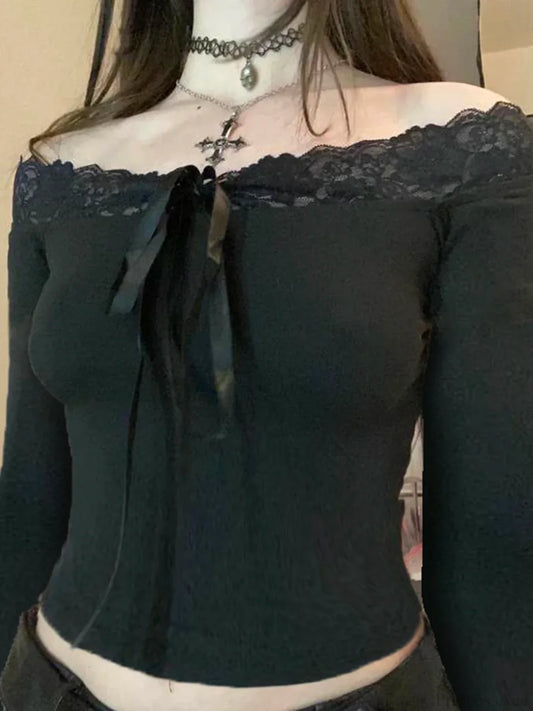 Bow Off-shoulder Knit Top Black / S