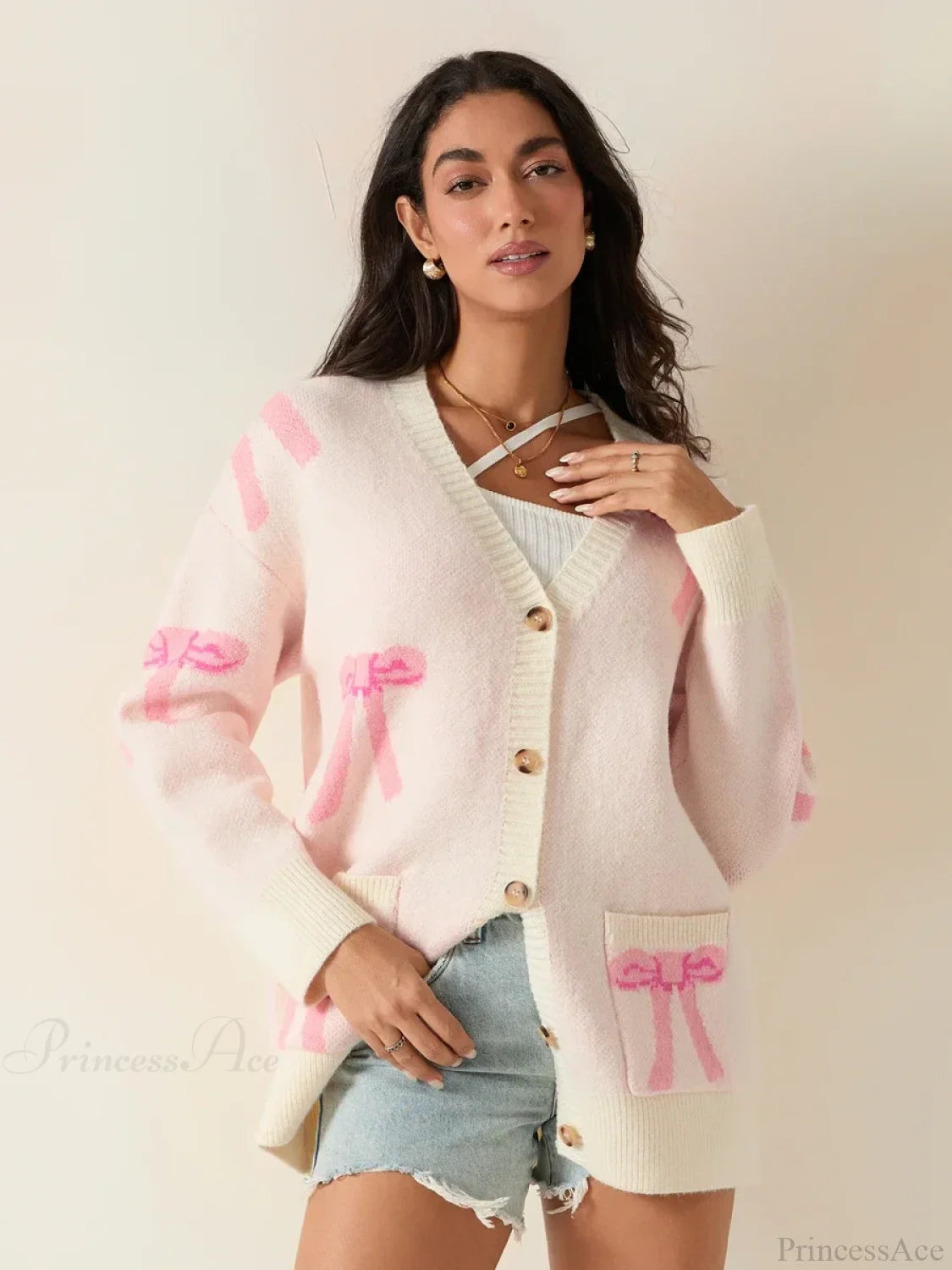 Bow Print Button Cardigan Cardigan-241208