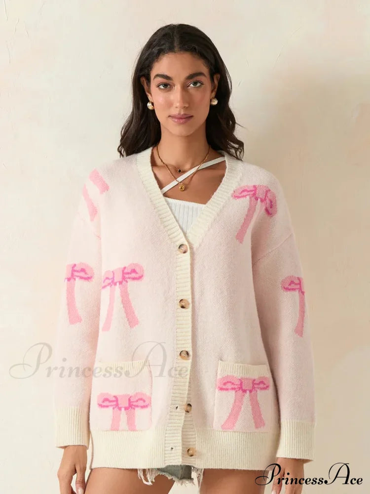 Bow Print Button Cardigan Cardigan-241208