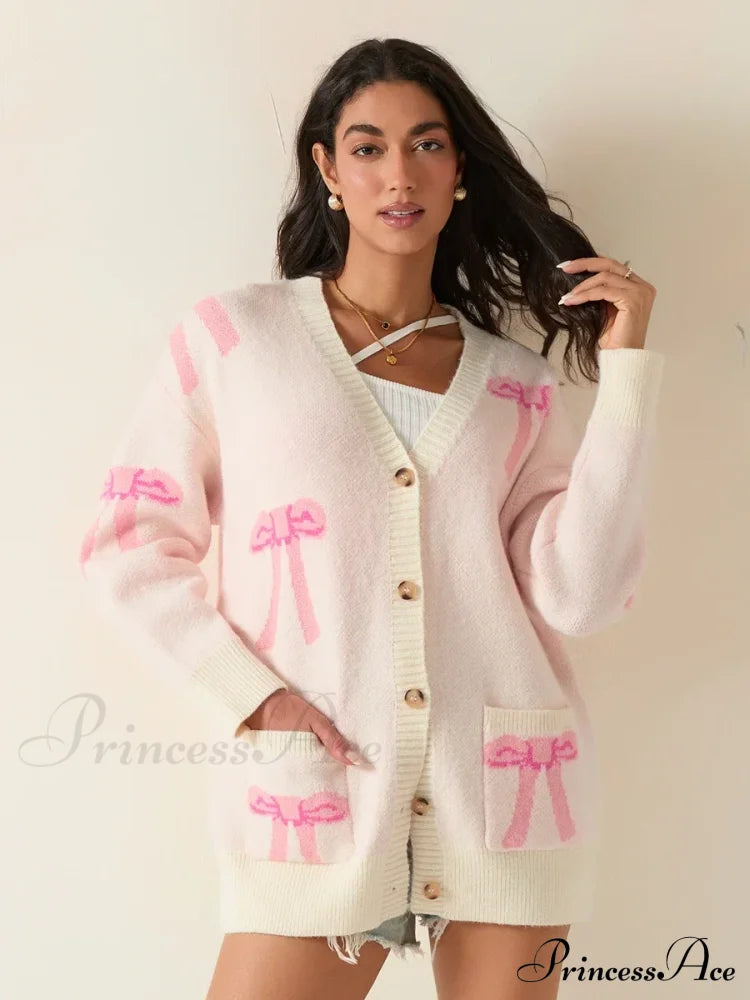 Bow Print Button Cardigan Cardigan-241208