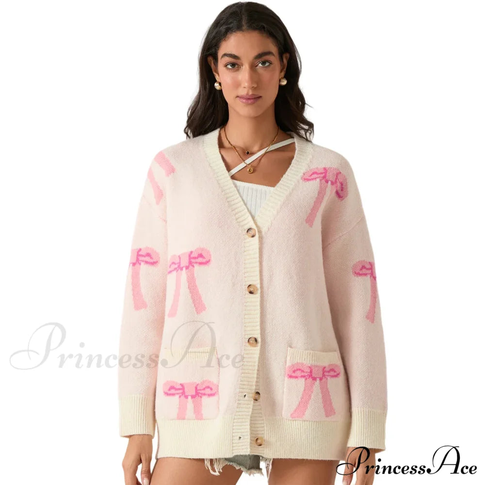 Bow Print Button Cardigan Beige / S Cardigan-241208