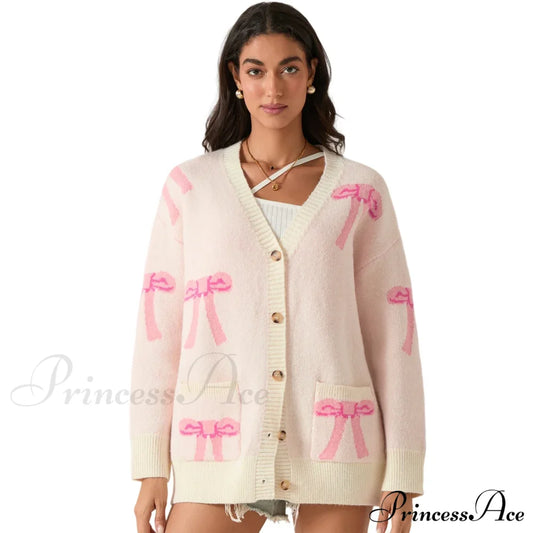 Bow Print Button Cardigan Beige / S Cardigan-241208